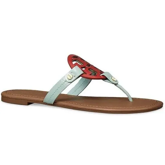 Tory Burch Miller Sea Bubble Flip-Flops Sandal 7.5 Red Light Blue - Picture 3 of 4